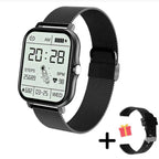 Black smartwatch with a digital display, mesh strap and extra black strap.