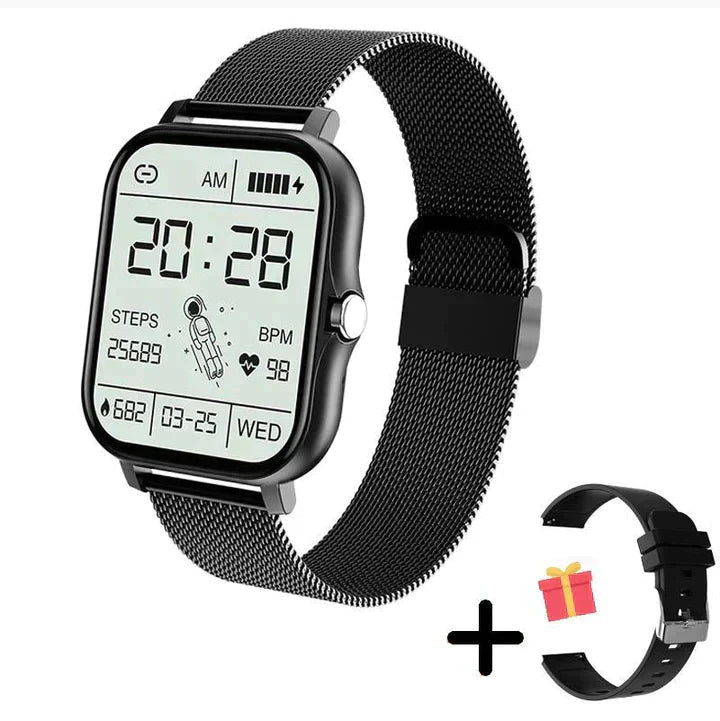 Black smartwatch with a digital display, mesh strap and extra black strap.
