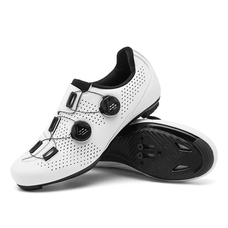 White cycling shoes shown with a mostly smooth black sole.