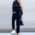 Side and rear view of the navy blue lounge set.