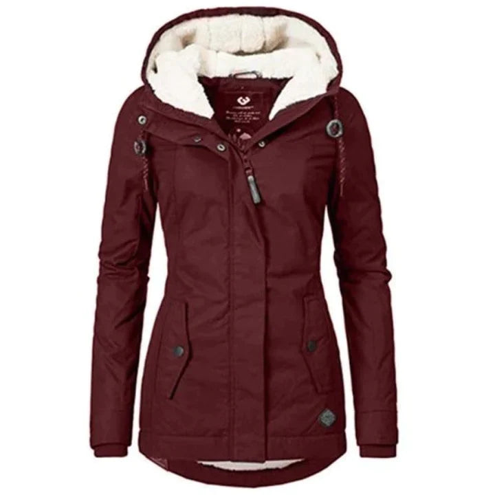 Dark red lined hooded coat shown from the front.