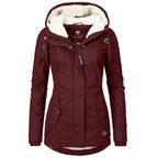 Dark red lined hooded coat shown from the front.