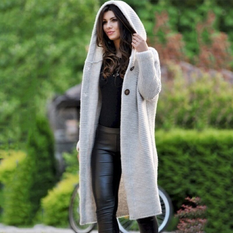 Beige long hooded Selena cardigan with front buttons.