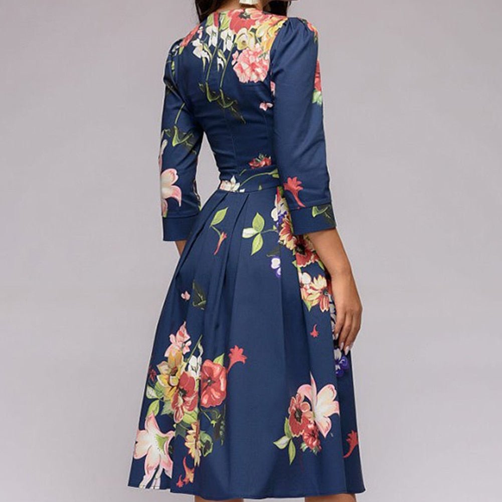 Rear detail of the navy floral dress.