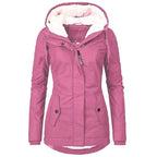 Pink hooded coat with pale lining and a shaped waist.