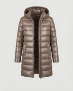 Khaki hooded jacket with a zip front and long sleeves.