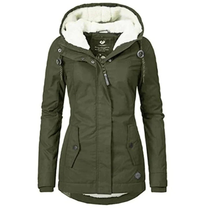 Green hooded coat with pale lining and front pockets.