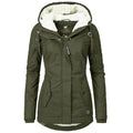 Green hooded coat with pale lining and front pockets.