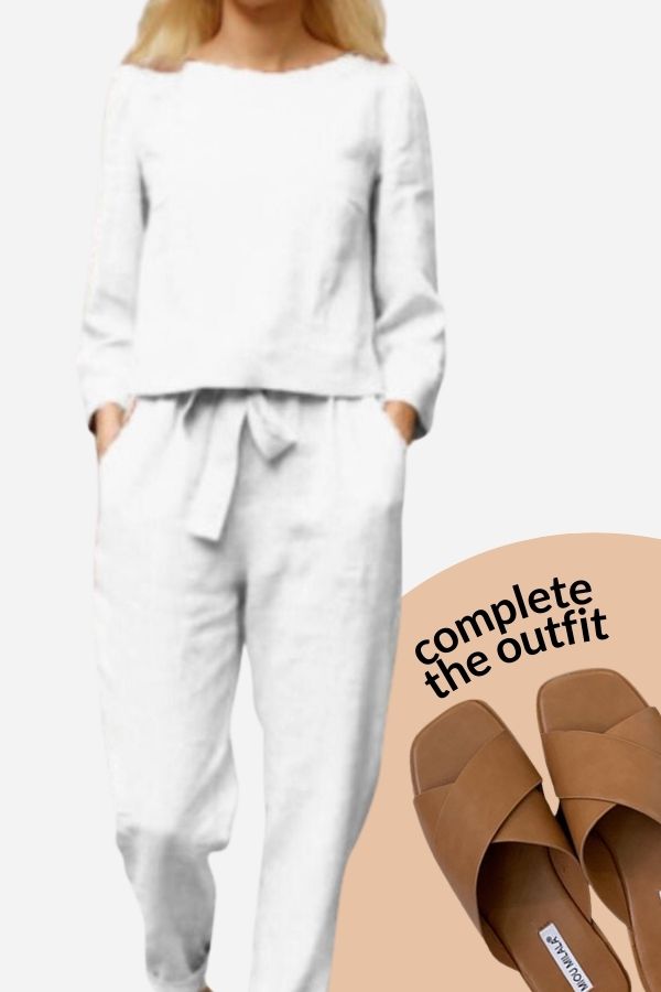 White trouser set beside a tan-sandal outfit suggestion.