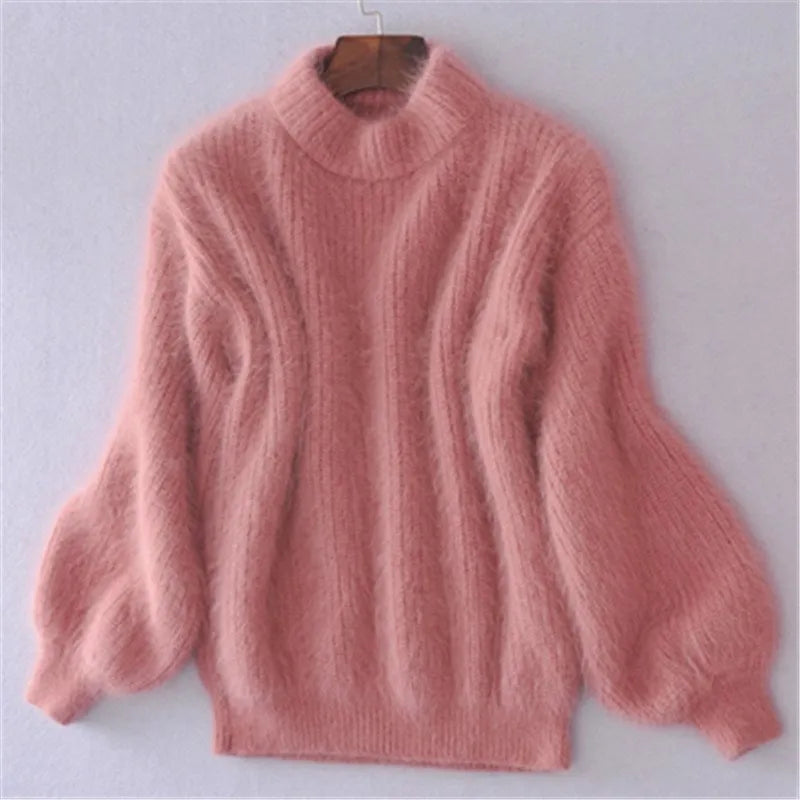 Pink knit jumper with full sleeves and a ribbed neckline, cuffs and hem.