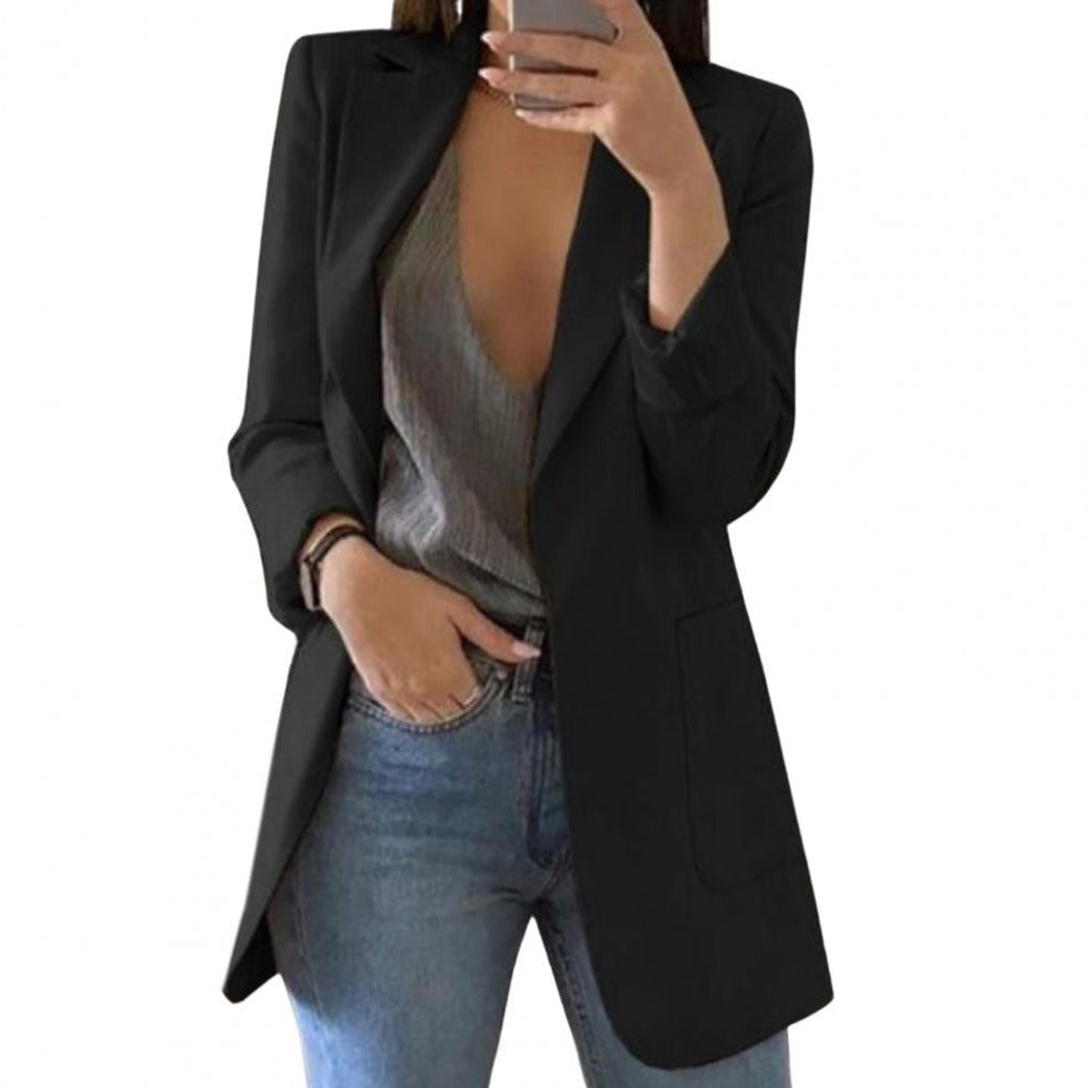 Black long open-front blazer with notched lapels.