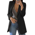 Black long open-front blazer with notched lapels.