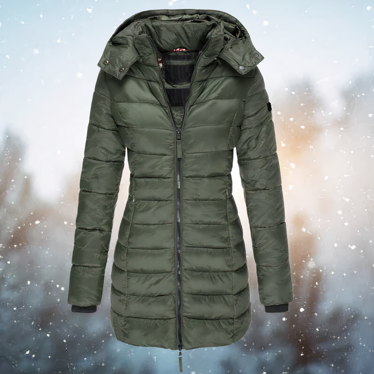 Dark green long puffer coat with horizontal quilting and a shaped waist.