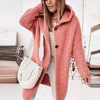 Coral-red hooded knit cardigan with dark buttons and dropped shoulders.