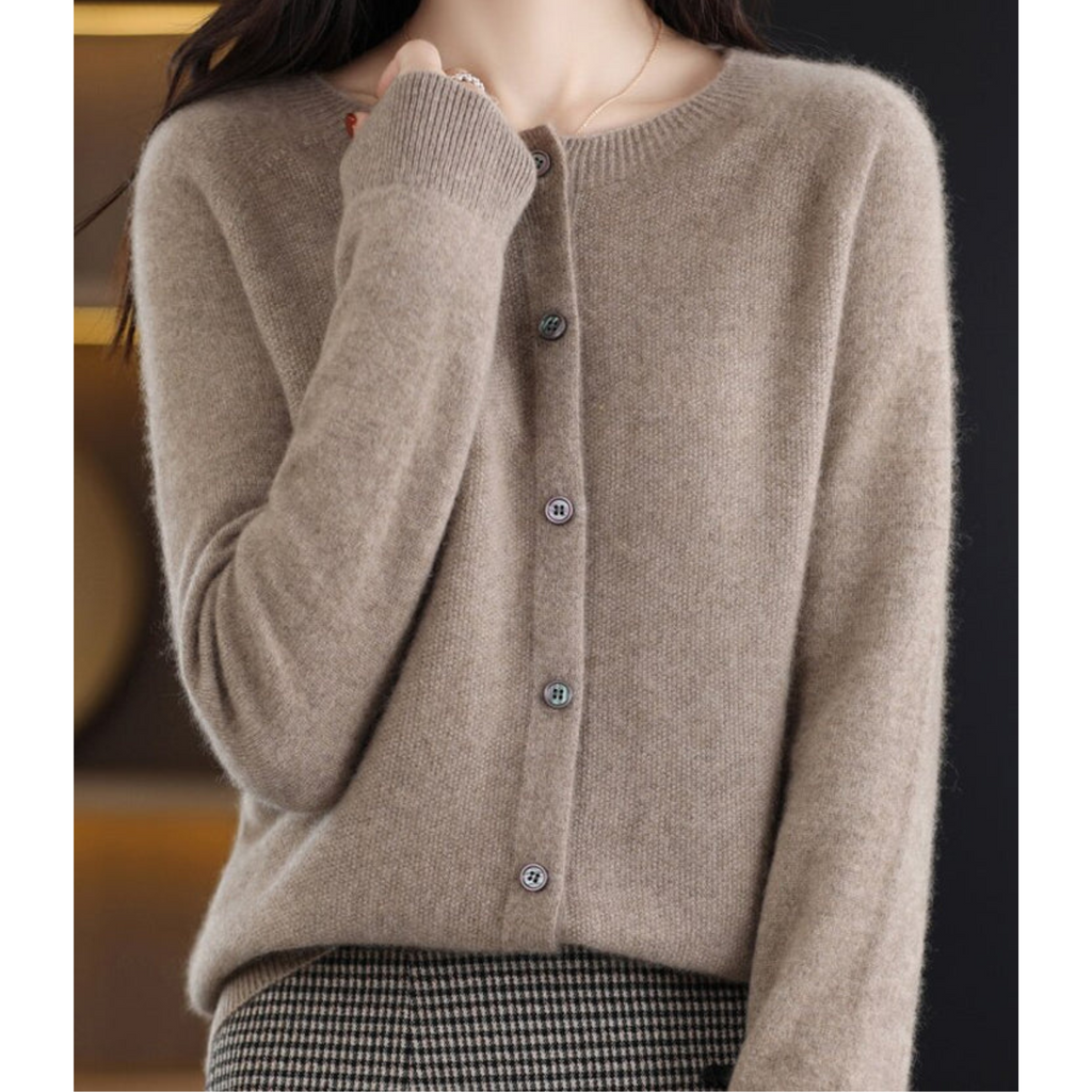 Brown-toned cardigan showing its softly textured surface and front buttons.