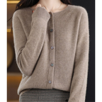 Brown-toned cardigan showing its softly textured surface and front buttons.