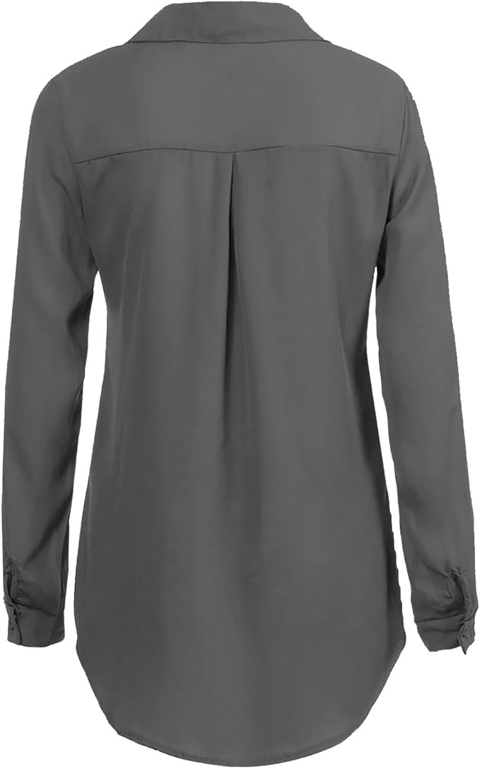 Rear view of grey blouse with a yoke and centre pleat.
