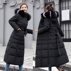 Black belted quilted coat shown from the front and rear.