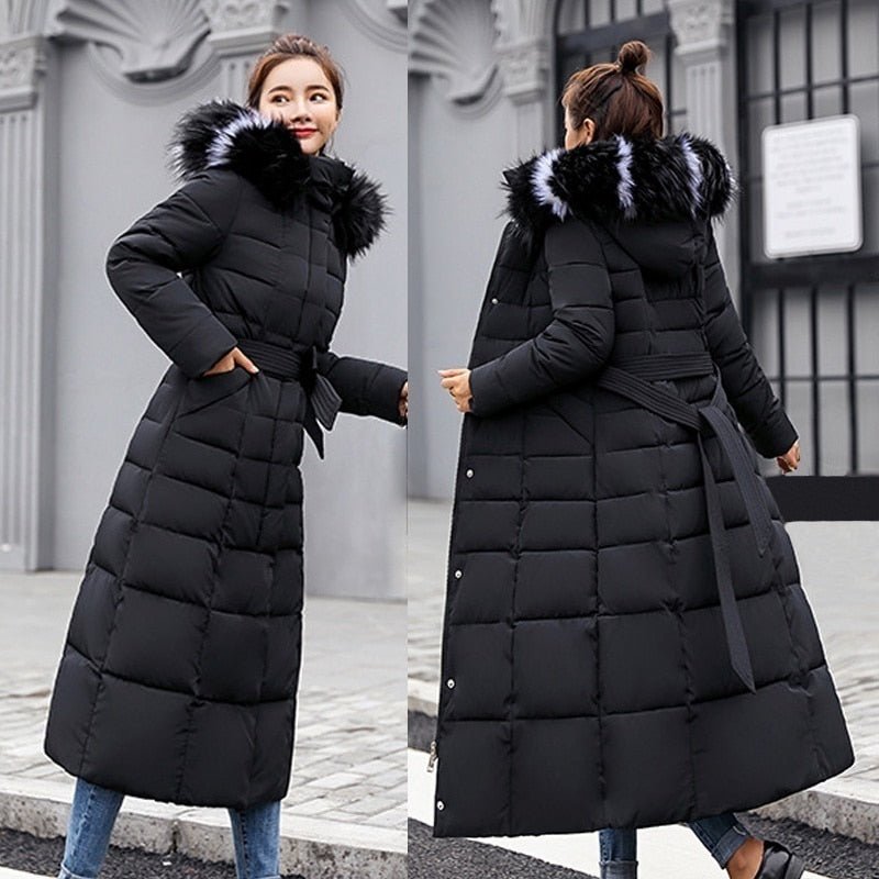 Black belted quilted coat shown from the front and rear.