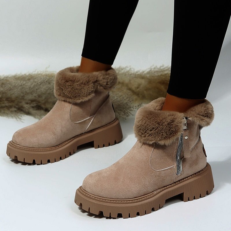 Apricot ankle boots worn with the cuffs folded down.