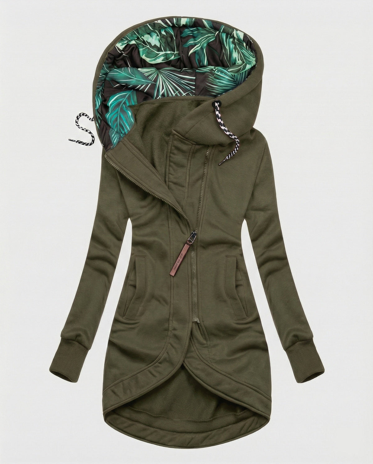 Army green coat with a diagonal zip, front pockets and leaf-print hood lining.