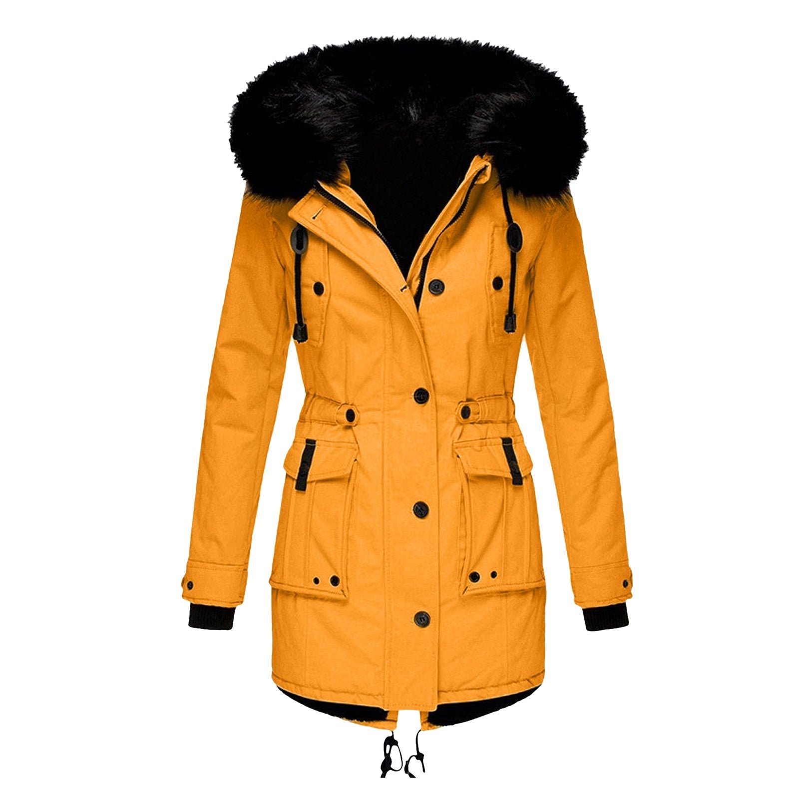 Gold parka with a black faux-fur hood trim, front flap pockets and drawstring waist.