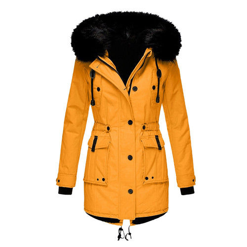 Gold parka with a black faux-fur hood trim, front flap pockets and drawstring waist.