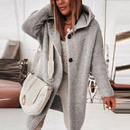 Grey hooded knit cardigan with a long body and dark front buttons.