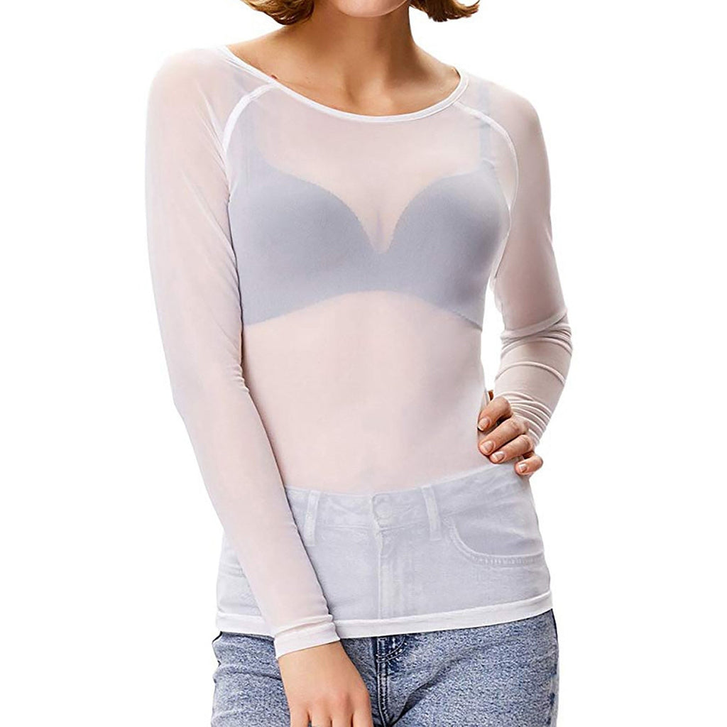 White sheer mesh top with a round neckline and long sleeves over a contrasting underlayer.