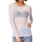 White sheer mesh top with a round neckline and long sleeves over a contrasting underlayer.