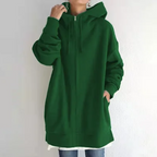 Green hoodie with a relaxed body and side pockets.