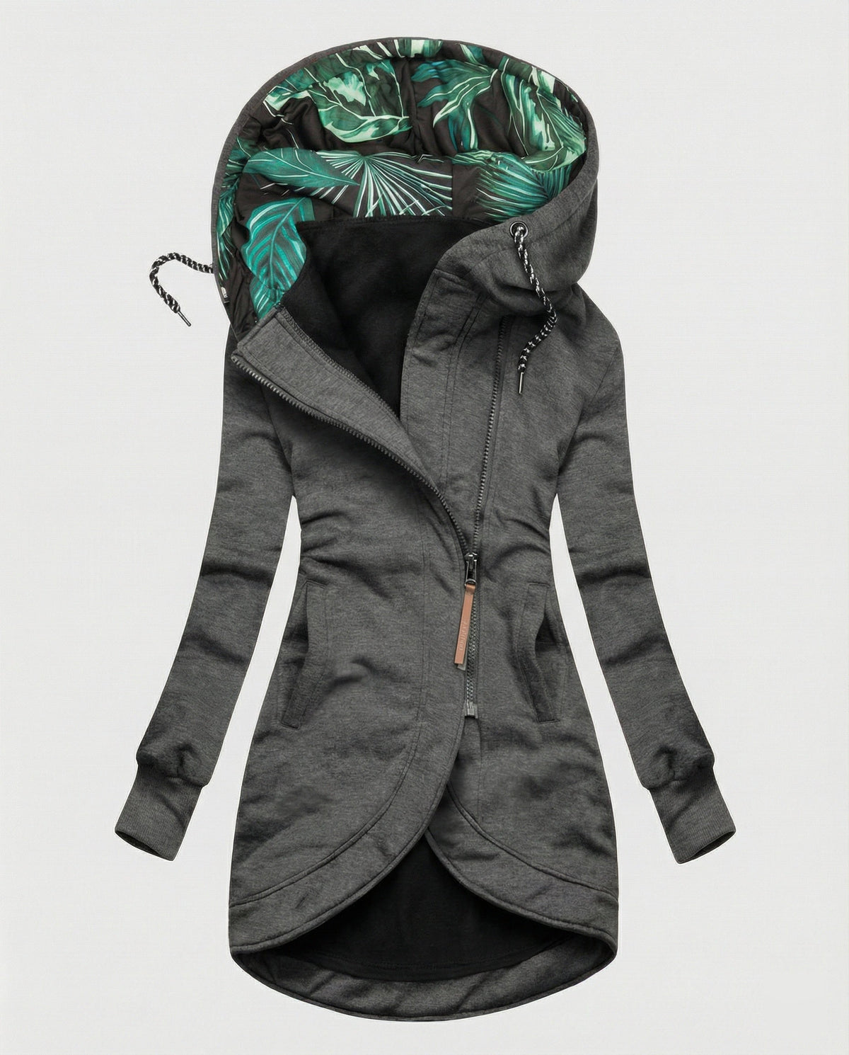 Grey coat with fitted sleeve cuffs, diagonal zip and patterned hood lining.