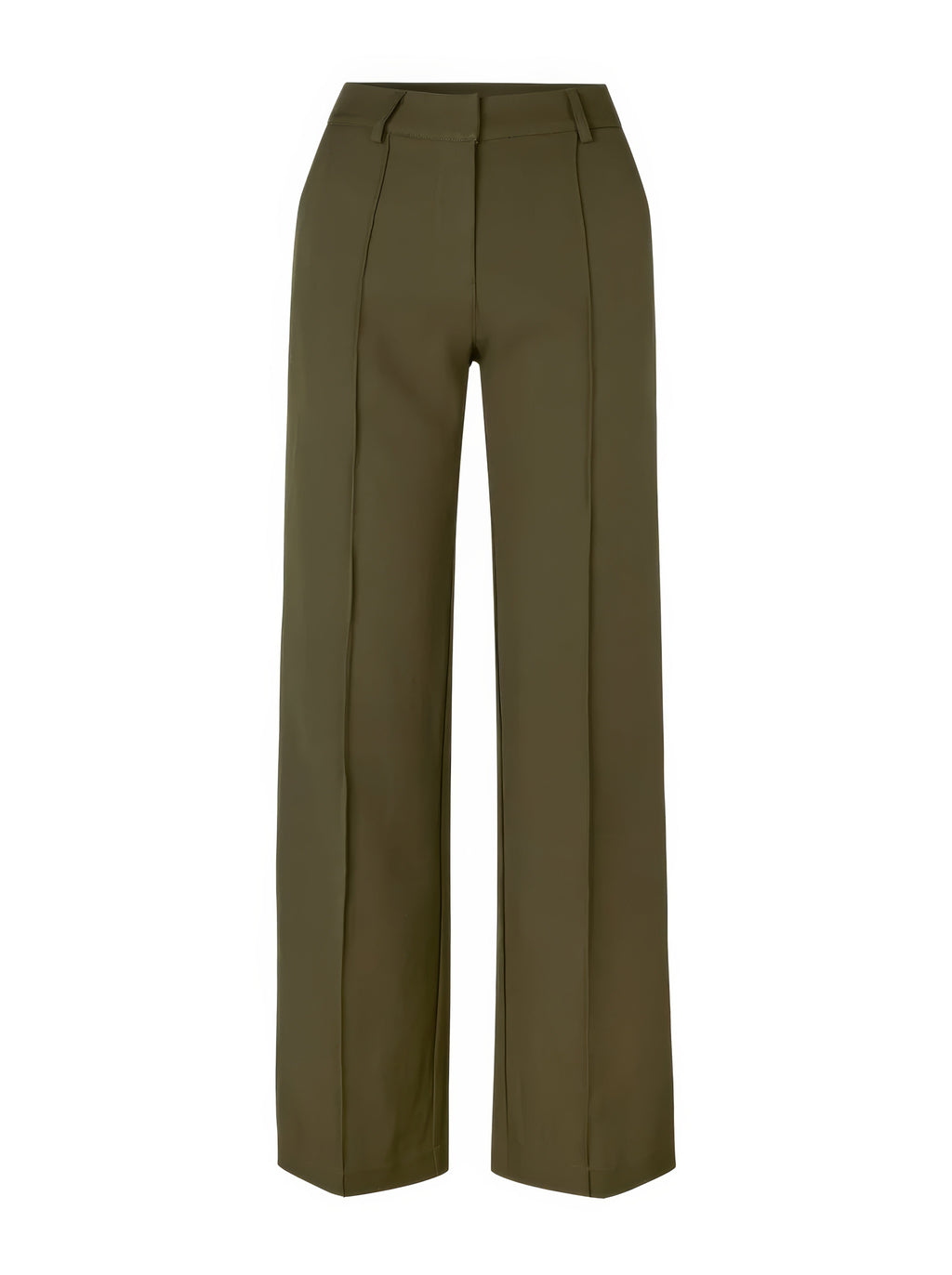 Olive-green trousers with belt loops and long front seams.