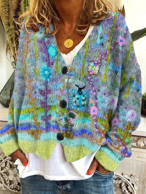 Blue-toned cardigan with floral motifs, stripes and long sleeves.
