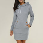 Light grey Hagia dress with drawcord neckline and front pockets.
