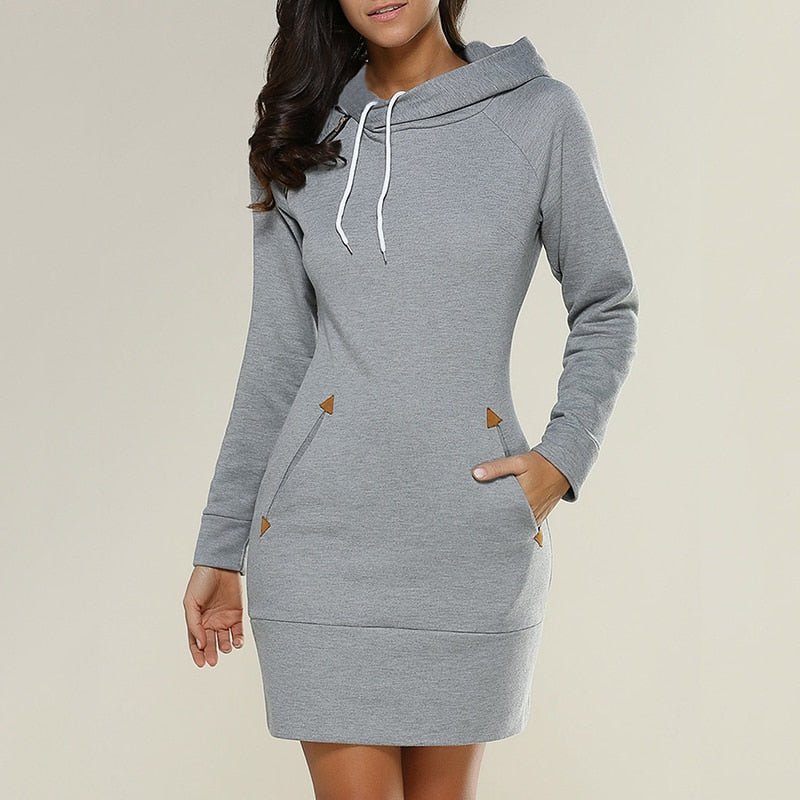 Light grey Hagia dress with drawcord neckline and front pockets.