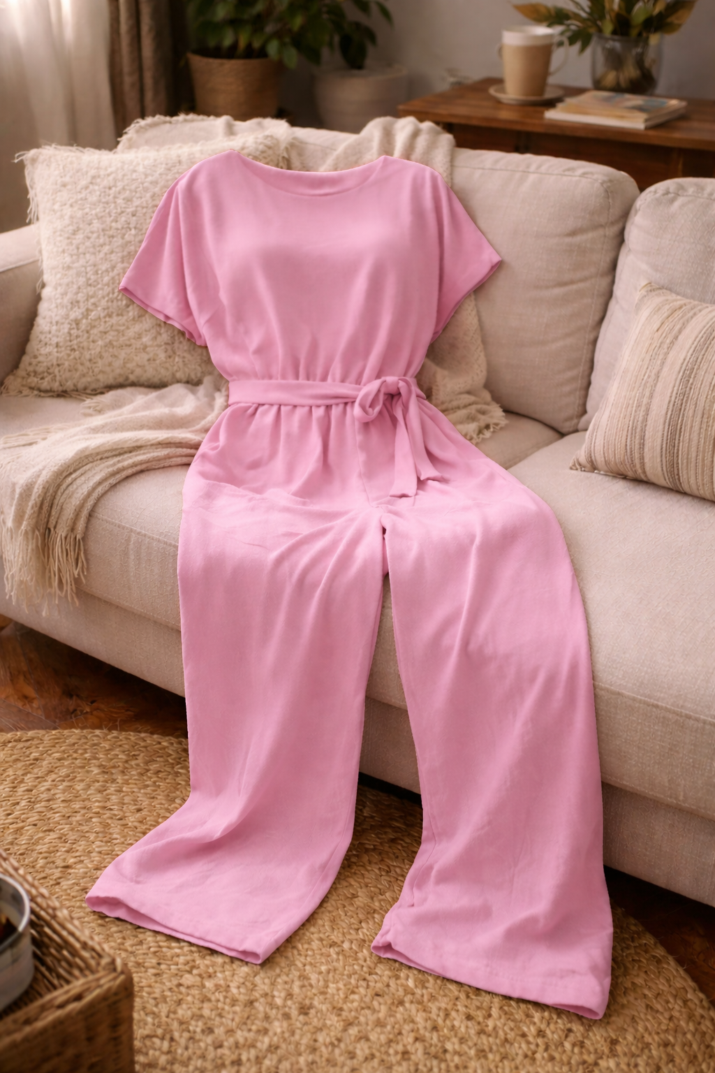Pink short-sleeve jumpsuit with a matching waist tie and wide legs on a cream sofa.