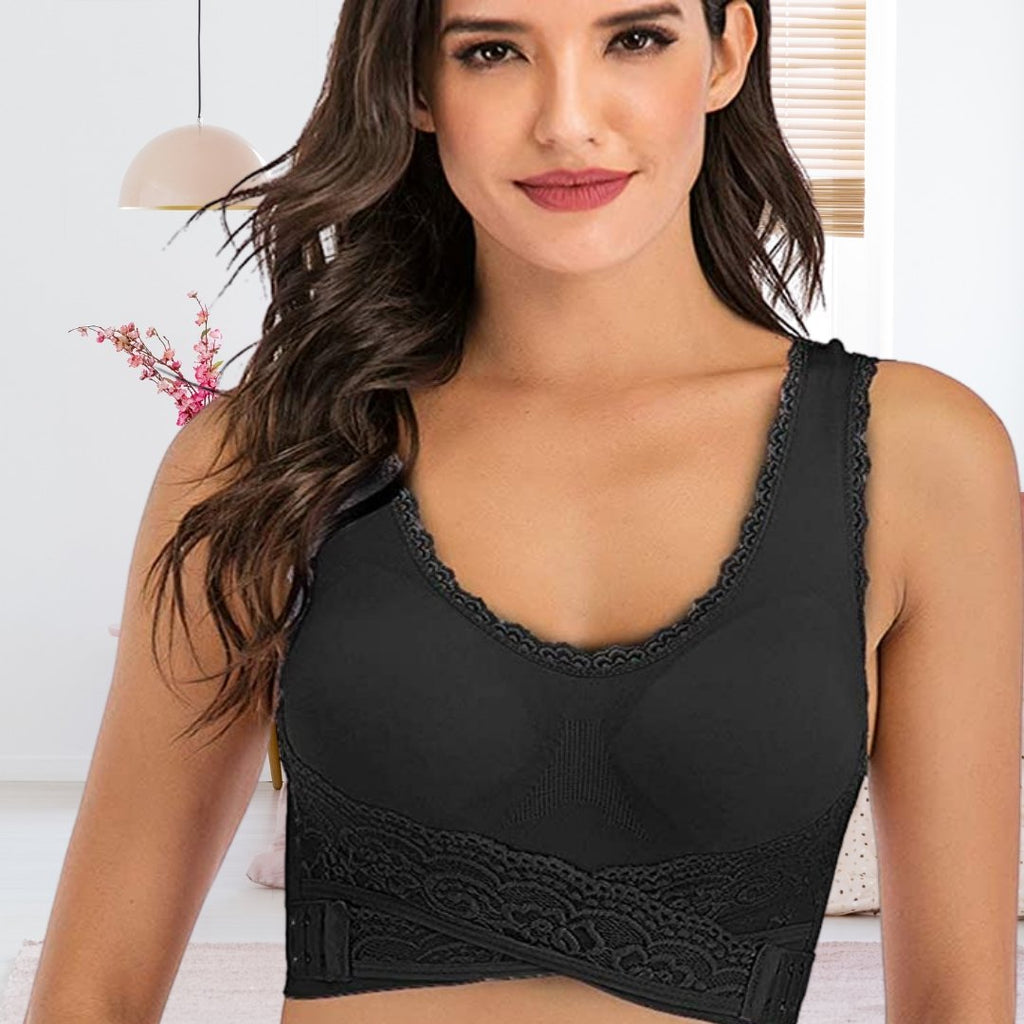 Black FitLace bra with lace bands crossed at the front.