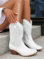 White western boots with perforated shafts, shown while seated.