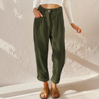 Dark green corduroy trousers with belt loops.