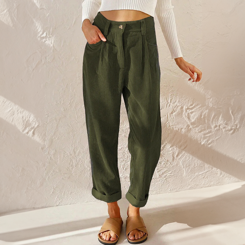 Dark green corduroy trousers with belt loops.
