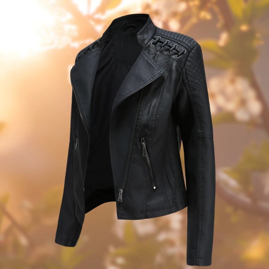 Angled view of a black jacket showing stitched sleeves and wide front edges.