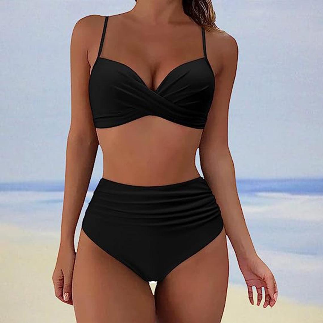Black two-piece bikini with a crossover front and high waist.
