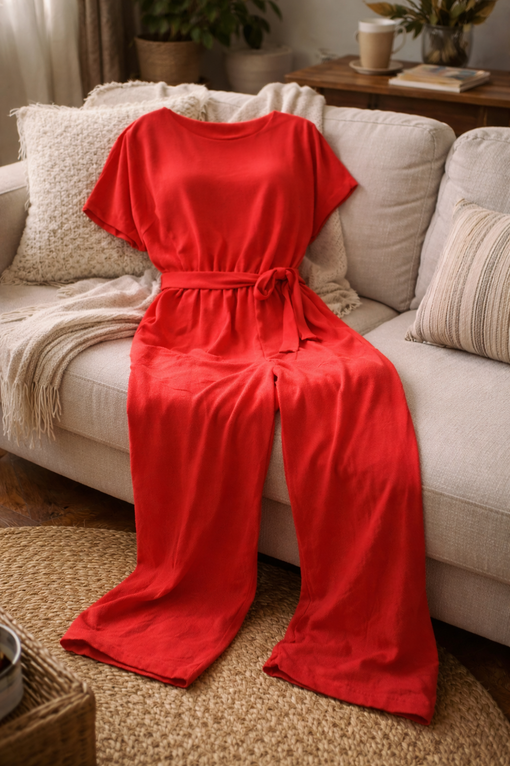 Red jumpsuit laid on a sofa, showing short sleeves, a gathered waist and long legs.