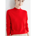Red jumper with a short high neckline and long sleeves.