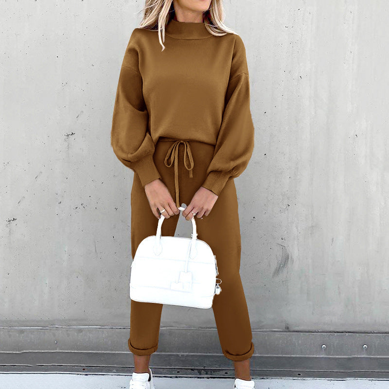 Coffee brown lounge set with gathered sleeves and trousers.