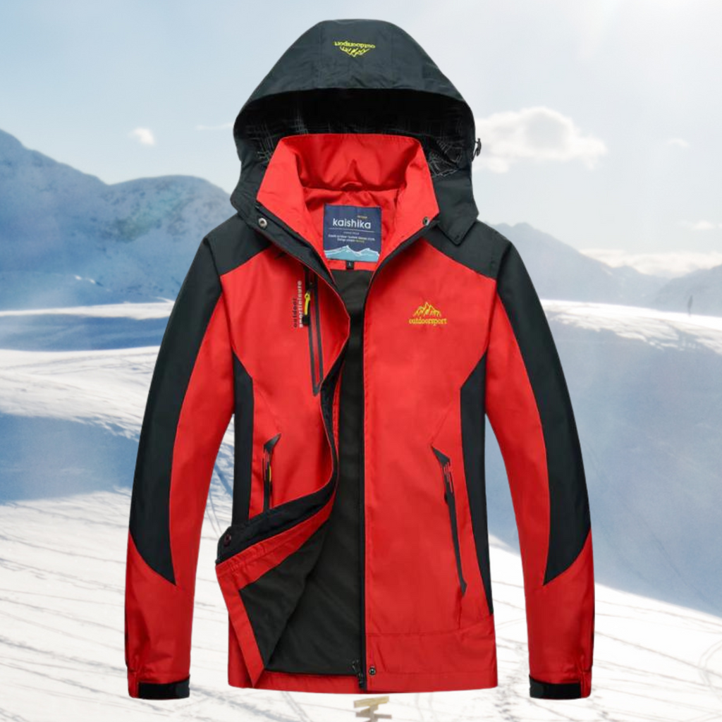Red jacket with a dark hood and black contrast panels.