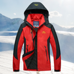 Red jacket with a dark hood and black contrast panels.