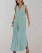 Green sleeveless maxi dress with a deep V neckline and central front pleat.