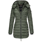 Green longline hooded jacket with horizontal quilting and a zip front.